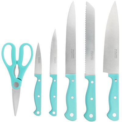 Teal Handle 7-Piece Stainless Steel Knife Set with Wood Block