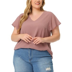 Agnes Orinda Women's Plus Size Swiss Dot V-Neck Tops with Flutter Sleeves - 1 of 4