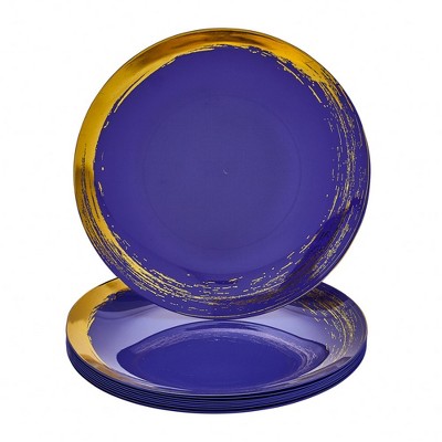 Silver Spoons Elegant Disposable Plastic Plates for Party, Heavy Duty Gold and Blue Disposable Plate Set, (10 PC) - Brush