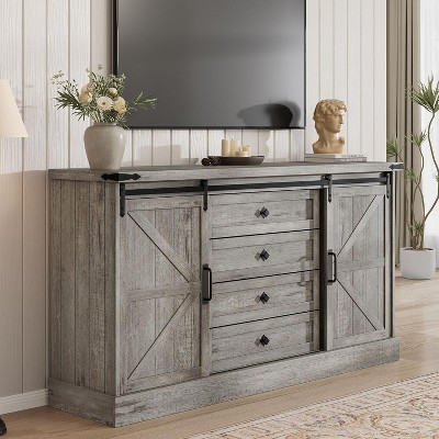 Farmhouse 4 Drawer Dresser for Bedroom, 59" Wood Dressers with Sliding Barn Doors, TV Stand with Large Drawers & Bar Handles