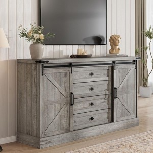 Farmhouse 4 Drawer Dresser for Bedroom, 59" Wood Dressers with Sliding Barn Doors, TV Stand with Large Drawers & Bar Handles - 1 of 4