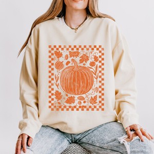 Simply Sage Market Pumpkin Checkered Distressed Lightweight Garment Dyed Sweatshirt - 1 of 4