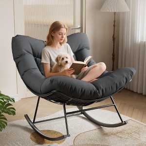 Outdoor Papasan Rocking Chair, Oversized Lounge Chair with Metal Frame & Cushion, Patio Rattan Egg Chair for Balcony Backyard Porch Bedroom - 1 of 4