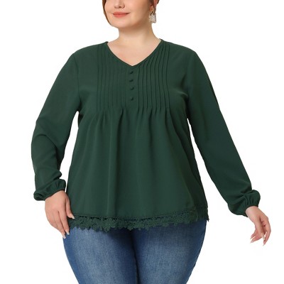 Agnes Orinda Women's Plus Size Fashion Pleated Lace Trim Hem V Neck Long Sleeve Solid Blouses