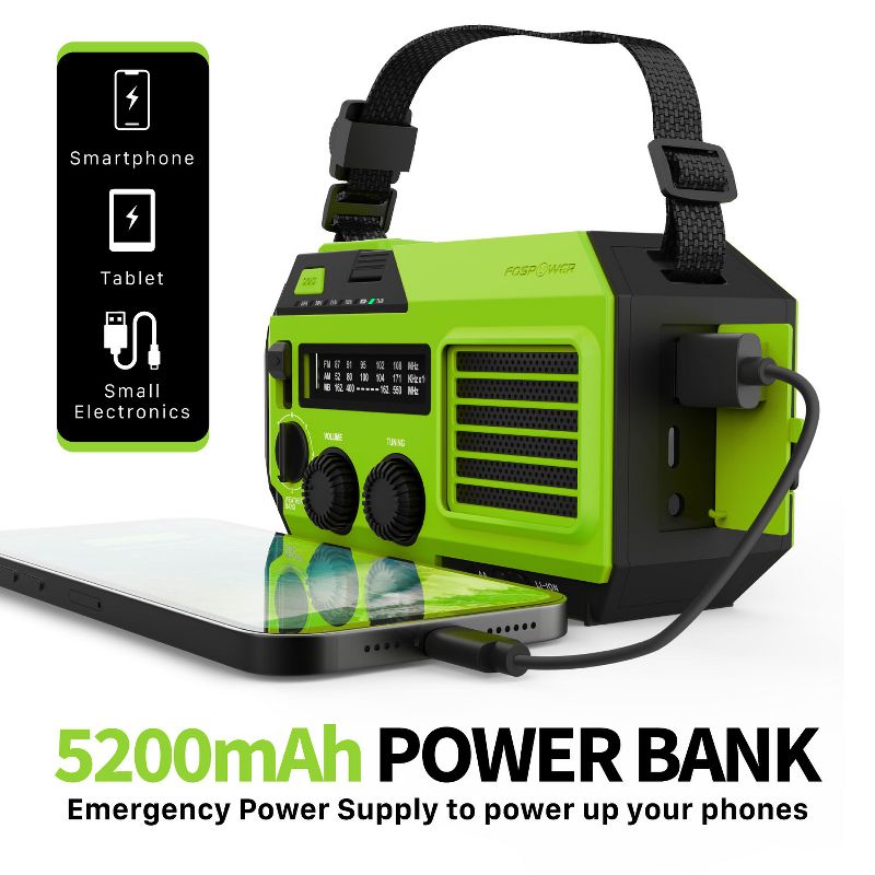 FosPower Solar Crank Radio Model A6 for Emergency with AM/FM/WB Flashlight, Reading Lamp, SOS Alarm, IPX3, & 5,200mAh Power Bank, 3 of 9