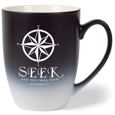 Elanze Designs Seek And You Will Find Matthew 7:7 Two Toned Ombre Matte Black and White 12 ounce Ceramic Stoneware Coffee Cup Mug