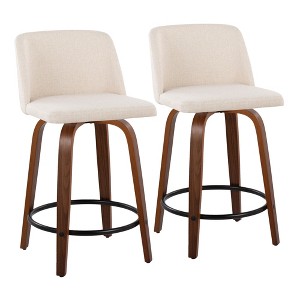 24" Fabric Padded Mid-Century Modern Counter Stool with Swivel and Metal Footrest on Wood Legs for Kitchen Island or Home Bar, Set of 2 - 1 of 4