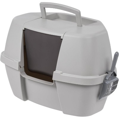 Large Gray Plastic Corner Enclosed Cat Litter Box with Scoop