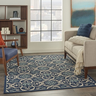 Navy Floral Synthetic Rectangular 4' x 6' Area Rug