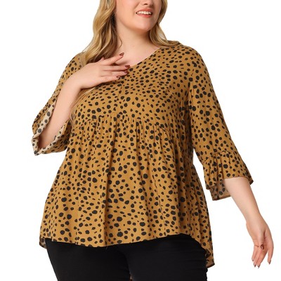 Agnes Orinda Women's Plus Size Babydoll Peplum High Low Hem V Neck 3/4 Sleeve Trendy Tops