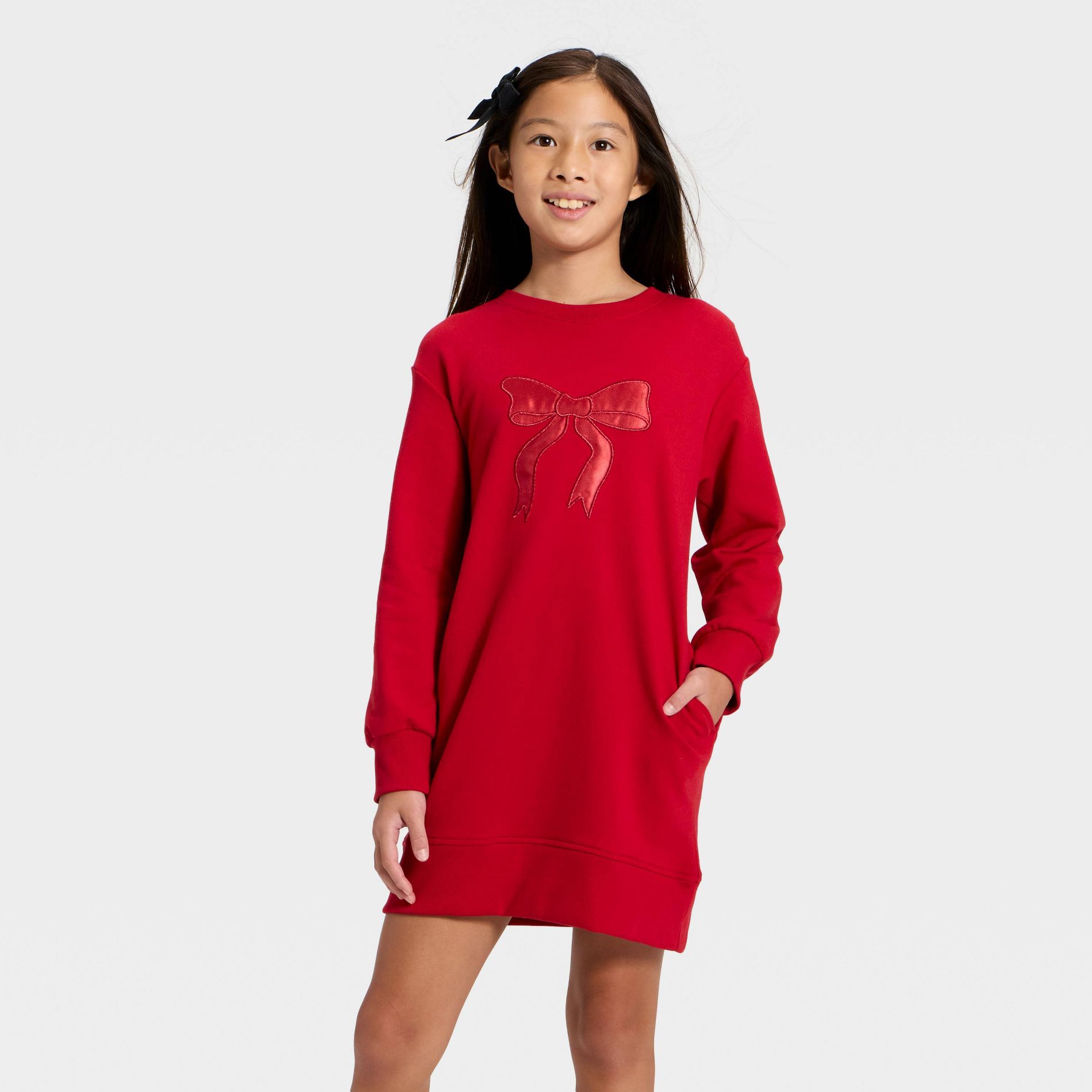 Girls' Long Sleeve French Terry Bow Dress - Cat & Jack™ Wine Red