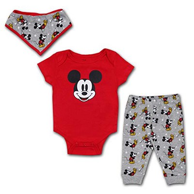 Disney Boy's 3-Pack Mickey Mouse Short Sleeve Baby Bodysuit Creeper, Jogger Pants and Bandana Bib Set for infant