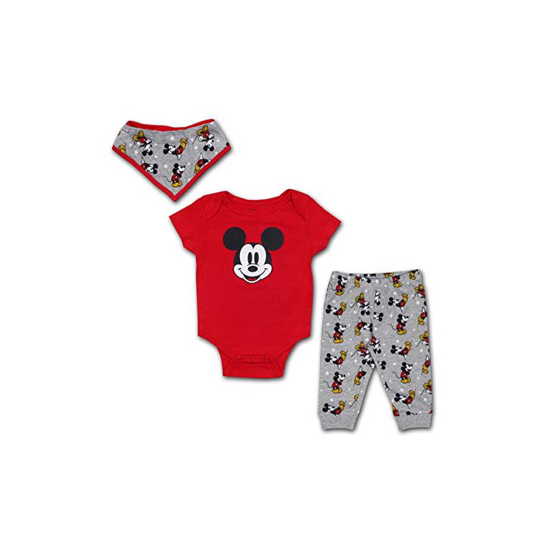 Disney Boy's 3-Pack Mickey Mouse Short Sleeve Baby Bodysuit Creeper, Jogger Pants and Bandana Bib Set for infant, 1 of 5