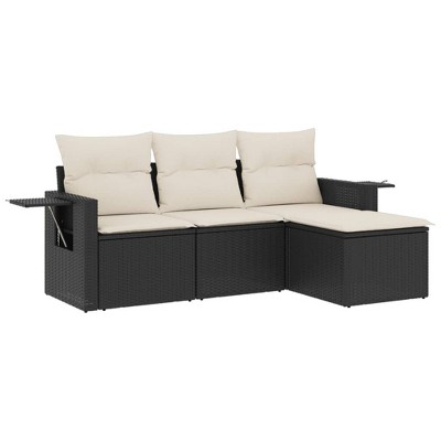 vidaXL 4 Piece Patio Sofa Set with Cushions Black and Cream Poly Rattan