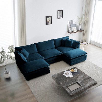 NicBex Couches for Living Room 111.5" Modern L Shape Sectional Sofa Couch with 2-Piece of Ottomans Chenille Upholstered 3 Seater Sleeper Sofa, Blue