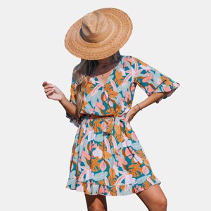 Women's Vibrant Tropical Floral Print Tie Belt Ruffled Hem Beach Dress - Cupshe - 1 of 4