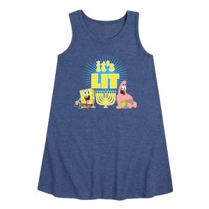 SpongeBob SquarePants It's Lit Hanukkah Graphic Sleeveless Aline Dress - Heather Navy - 5T - 1 of 4