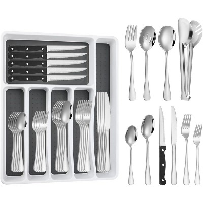 Attop 53PCS Silverware Set, Stainless Steel Cutlery Set with Steak Knives, Include Spoons and Forks Set & Serving Utensils, Mirror Polished
