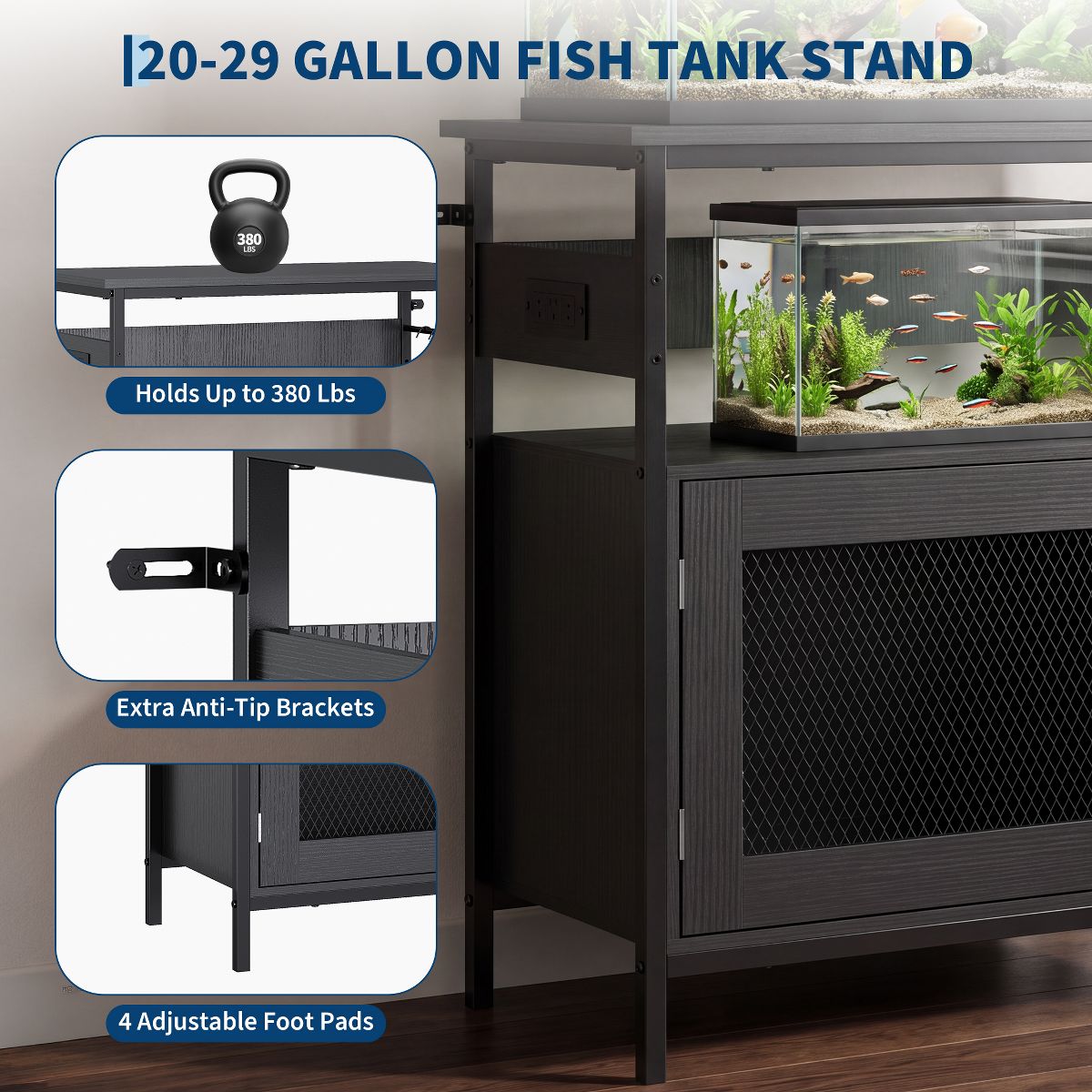 Aquarium Stand with Power Outlet, Aquarium Stand with Storage Cabinet Hooks, 380 Lbs Capacity Reptile Terrarium Stand for Home Office Living Room - thumbnail 3