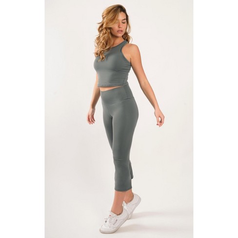 Yogalicious - Women's Nude Tech Elastic Free High Waist Flare Yoga Capri  With Front Splits - Sage - Small : Target