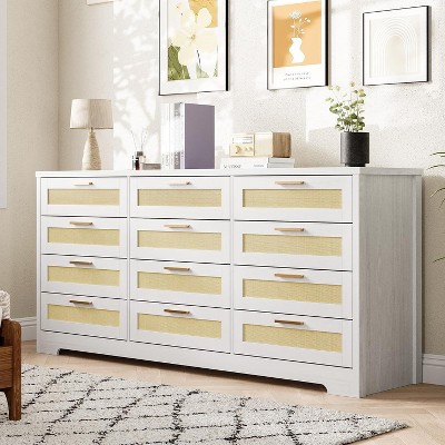Acekool 12 Drawer White Rattan Dresser, Modern Wood Chest with Woven Drawers, Storage Organizer for Bedroom, Nursery, Entryway, Living Room