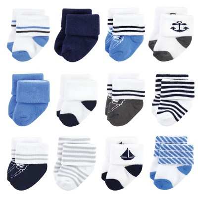 Hudson Baby Infant Boy Cotton Rich Newborn and Terry Socks, Nautical 12-Pack, 6-12 Months