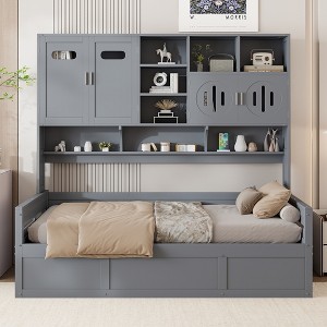 Twin/Full Size Wooden Daybed with All-in-One Storage Cabinet, Open Shelves and Under-bed Storage Space, White/Gray-ModernLuxe - 1 of 4