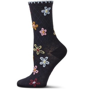 Memoi Women's Dancing Daisies Crochet Cuff Crew Socks Navy 9-11 - 1 of 3