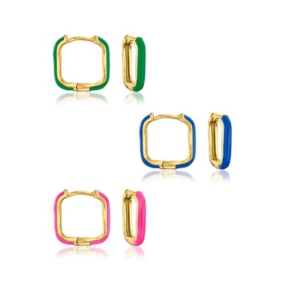 Ross-Simons Multicolored Enamel Jewelry Set: 3 Pairs Of Square Hoop Earrings in 18kt Gold Over Sterling