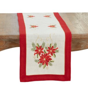 Saro Lifestyle Linen Blend Embroidered Poinsettia Table Runner - 1 of 3