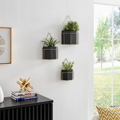 Set of 3 Black and Gold Geometric Metal Wall Planters