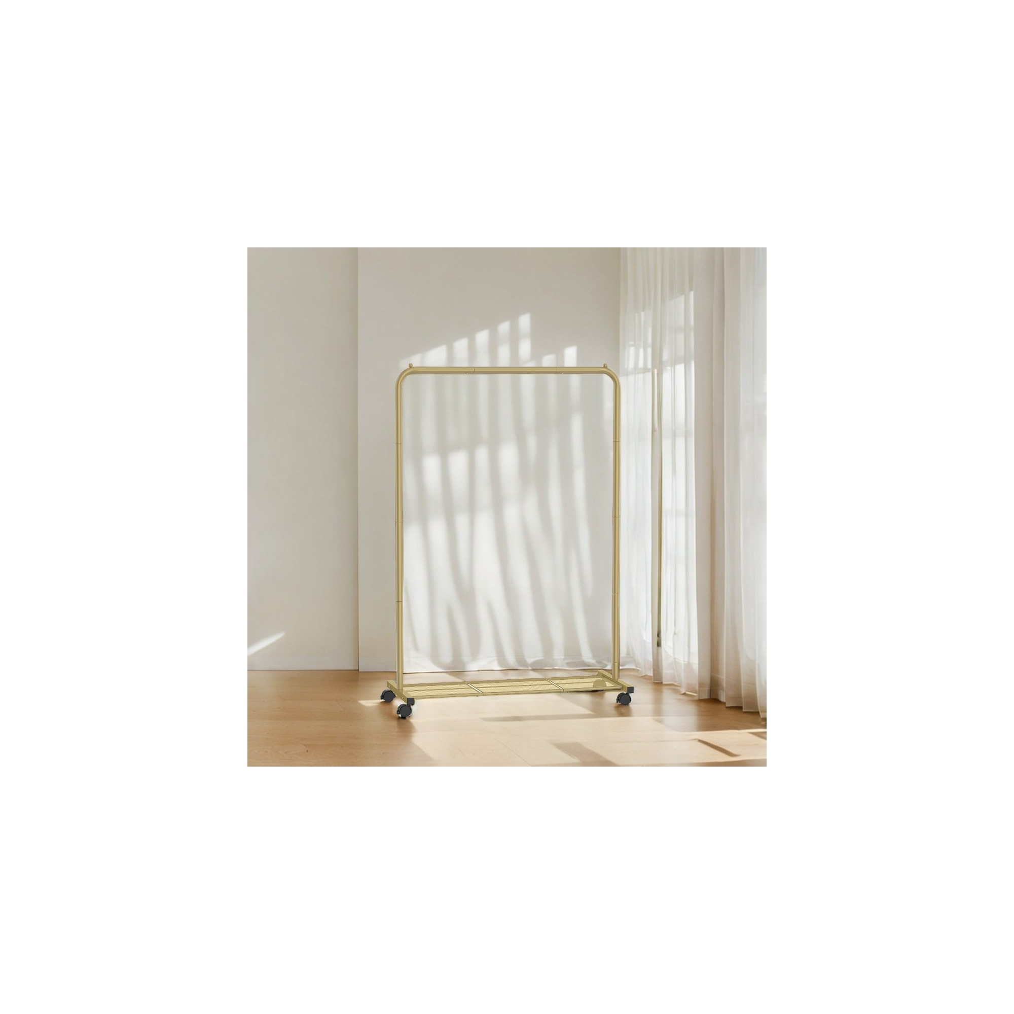 Heavy-Duty Clothes Rack with Dense Mesh Storage Shelf, 25.4mm Metal Garment Rack with Wheels and 2 Brakes Freestanding Clothes Rack Gold