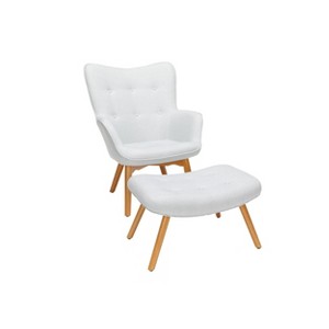 2pc Tufted Fabric Mid-Century Modern Lounge Chair with Ottoman Solid Honey Beechwood Legs Beige - OFM