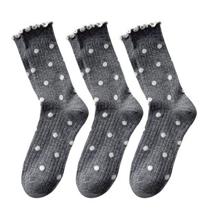 Anna-Kaci 3 Pairs Women's Mid-Calf Polka Dot Socks with Lettuce Edge Cuff - 1 of 4