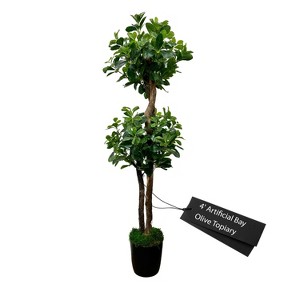 Cypress & Alabaster | Handmade 4' Artificial Bay Olive Topiary Tree In Home Basics Plastic Pot Made With Real Wood And Moss Accents - 1 of 4