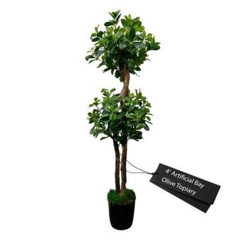 Cypress & Alabaster | Handmade 4' Artificial Bay Olive Topiary Tree In Home Basics Plastic Pot Made With Real Wood And Moss Accents