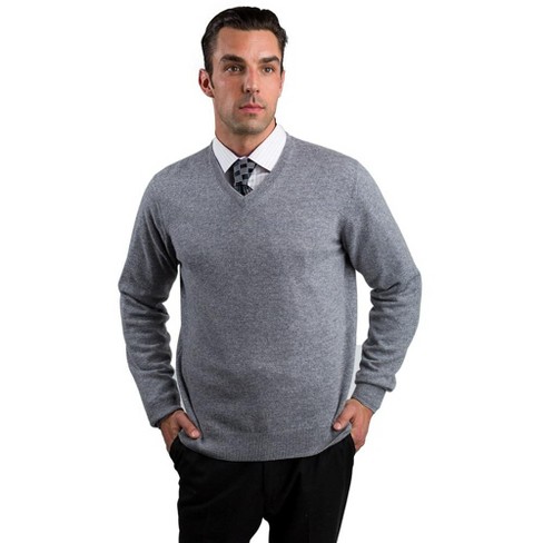 Lt Grey Men's 100% Cashmere Long Sleeve Pullover V Neck Sweater