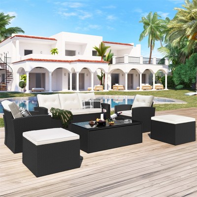 ELJGET 6 Pieces All-Weather PE rattan Patio Furniture Set, Outdoor Wicker Conversation Set with Dining Table, Ottomans, Removable Cushions