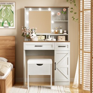 Makeup Vanity Desk With Lights & Mirror, Vanity Desk With 3 Lighting Modes Light, Cushioned Flip-top Storage Stool, Drawers And Cabinet for Bedroom - 1 of 4
