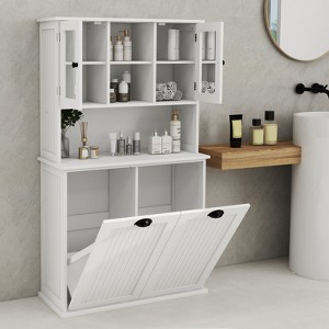 KWPZQEB Double Tilt Out Laundry Hamper Cabinet, Tall Bathroom Cabinet with Glass Doors & Open Shelf, Laundry Room Cabinets for Bathroom, Laundry Room - 1 of 4