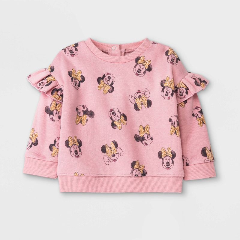Baby Girls' 2pc Minnie Mouse Long Sleeve Fleece Top and Bottom Set - Pink, 3 of 8