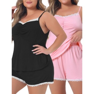 Agnes Orinda Women's Plus Size Sleeveless Contrast Lace Trim Packs Pajamas Sets - 1 of 4