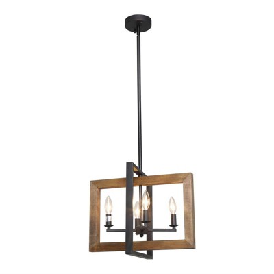 LNC Laius 4-Lights 18" Modern Farmhouse Geometric Wood Kitchen Island Pendant  Lights, Matte Black and Distressed Brown Wood