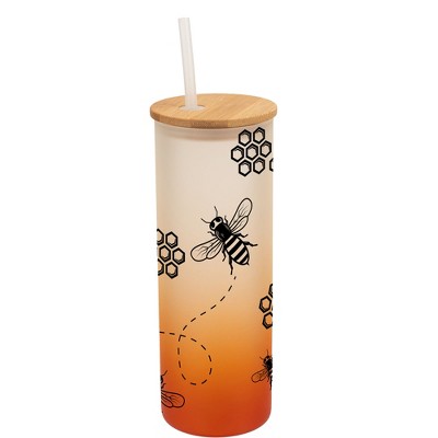 Elanze Designs Honeycomb Queen Bumble Bee Hive Wrap-Around Design 25 Ounce Frosted Gradient Glass On-The-Go Coffee Travel Skinny Tumbler Mug Cup,
