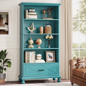 LITTLE TREE 70.87" 6 Shelf Bookcase with Drawer and Solid Wood Legs Ocean Blue - 1 of 4
