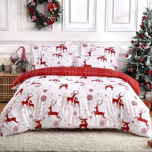 Christmas Duvet Cover Set, Comforter Cover Set, Includes 1 Duvet Cover and 2 Pillow Shams, Winter Holiday Reindeer Snowflakes Printed Bedding Set - 1 of 4