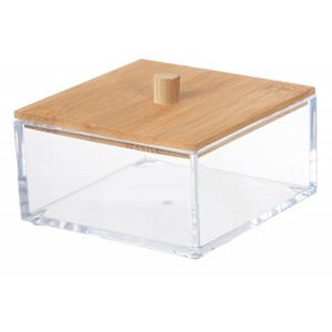 Cosmetic Organizer with Bamboo Lid, Clear Square Nonslip Acrylic Makeup, Cotton Ball & Swab Storage Box, Multi Purpose Vanity Organizer - 1 of 3