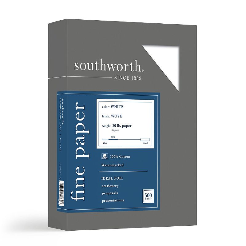 Southworth 100% Cotton Business Paper White 20 lbs. Wove 8-1/2 x 11 500/Box 13C, 1 of 6