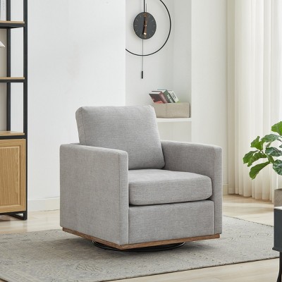 360° Single Swivel Accent Chair,Chenille Fabric Upholstered Square Lounge Armrests Chair,Solid Wood Base Living Room Club Chair-Coolbibila