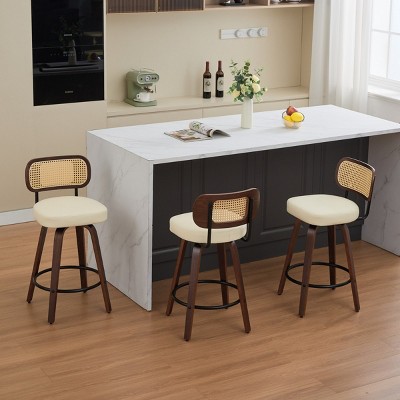 Swivel Counter Stools,PU Leather Upholstered Bar Stools with Walnut Wood Legs,Rattan Back Counter Bar Stools for Kitchen Island-Coolbibila